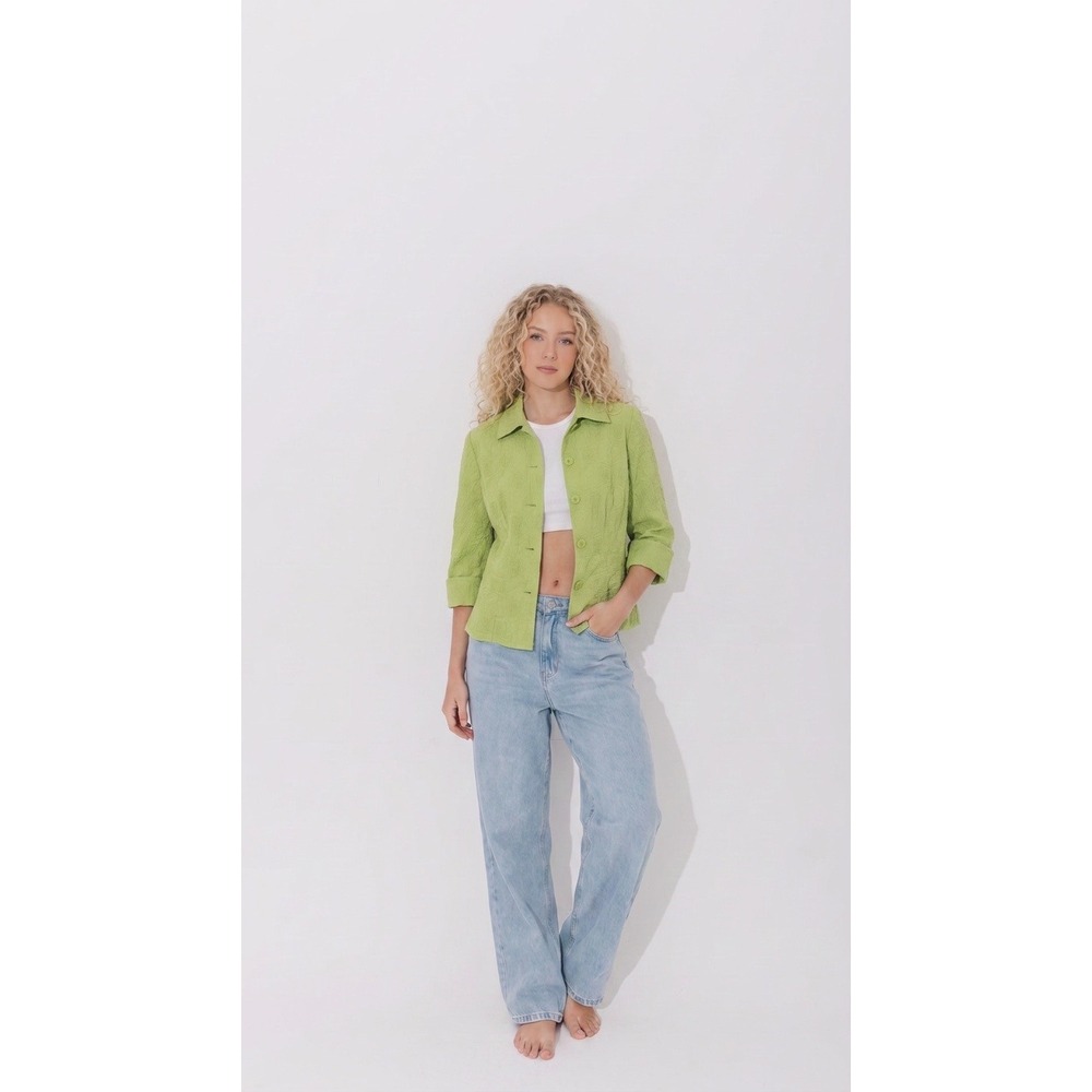 Coldwater Creek Button Up Top Womens PS Green Excellent Textured Cotton 3/4 Slve